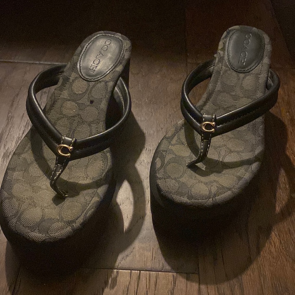 Coach Leather Platform Flipflop sandals with gold tone